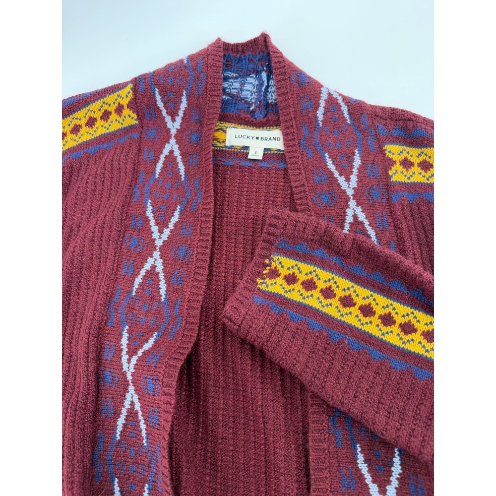 Lucky Brand Womens Southwestern Open Front Cardigan Sweater Burgundy Large